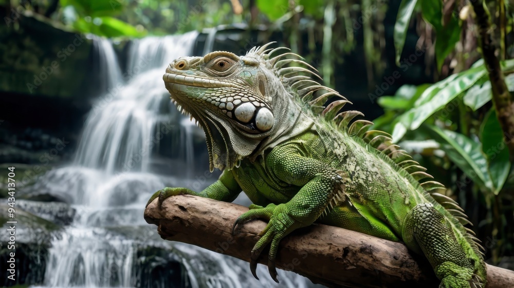 Green iguana on branch, scenic jungle waterfall Green iguana on branch, scenic jungle waterfall