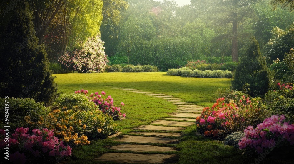 A peaceful park scene with a stone path leading to a quiet garden area, surrounded by flowers A peaceful park scene with a stone path leading to a quiet garden area, surrounded by flowers