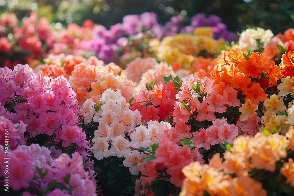 A garden of blooming azaleas, with their bright, cheerful flowers creating a burst of color A garden of blooming azaleas, with their bright, cheerful flowers creating a burst of color