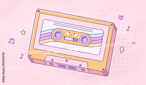 Retro kawaii cassette for portable music player with cute face.