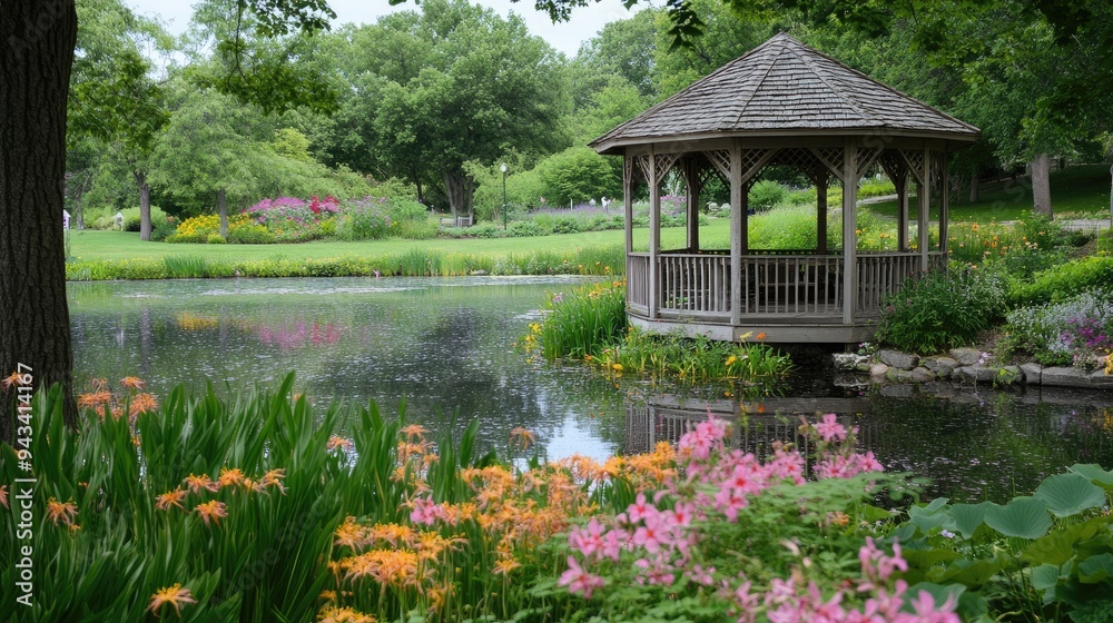 A quiet park scene with a gazebo by a pond, surrounded by blooming flowers and greenery A quiet park scene with a gazebo by a pond, surrounded by blooming flowers and greenery