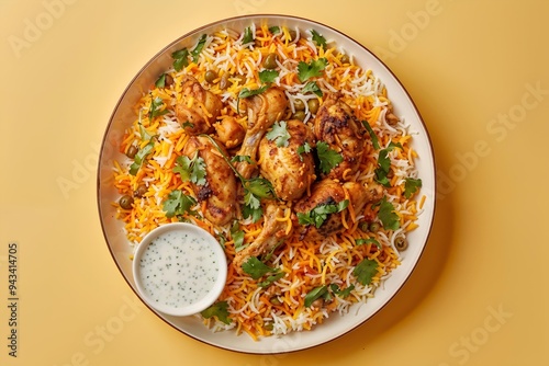 Chiken bryani fried rice with chicken on orange background