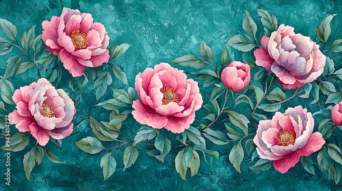 Wallpaper Mural Pink peony flowers bloom against a teal background, their beauty enhanced by lush green leaves. Torontodigital.ca