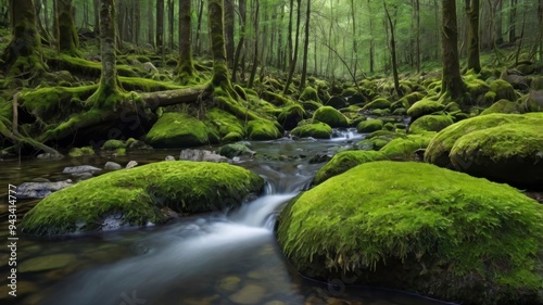 Green moss rock with forest stream, isolated image