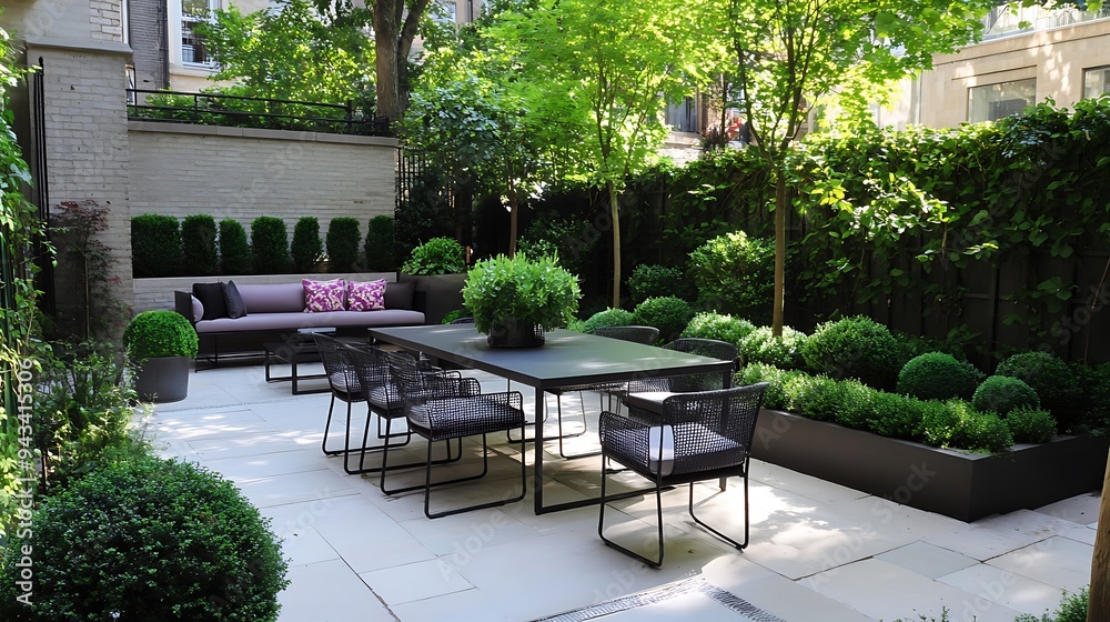 A Modern Outdoor Dining Area with Lush Greenery A Modern Outdoor Dining Area with Lush Greenery