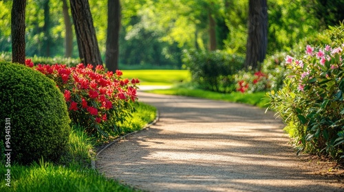 A serene park pathway lined with flowering bushes, leading to a quiet garden area -