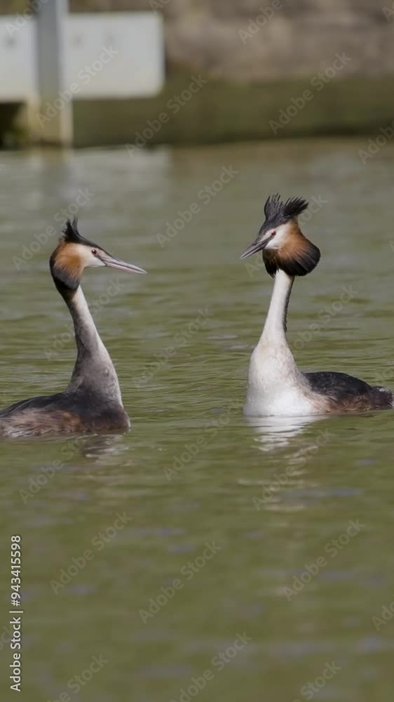 Slow Motion Vertical Video of Great Crested Grebe Mirroring During Courtship Slow Motion Vertical Video of Great Crested Grebe Mirroring During Courtship