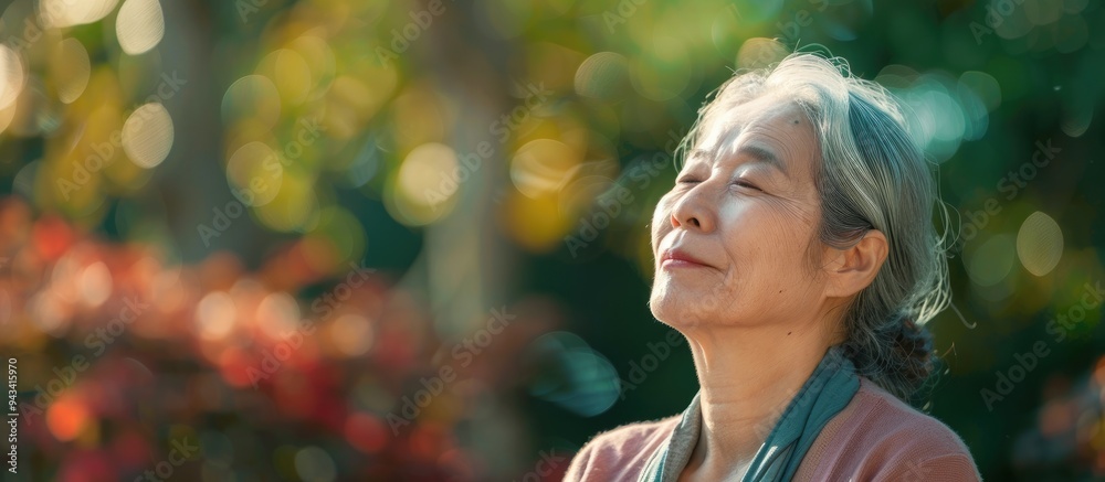 A middle aged Asian woman enjoying outdoor relaxation. Creative banner. Copyspace image A middle aged Asian woman enjoying outdoor relaxation. Creative banner. Copyspace image