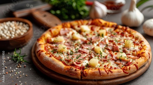 A colorful Hawaiian pizza with ham, pineapple, and melted mozzarella cheese.