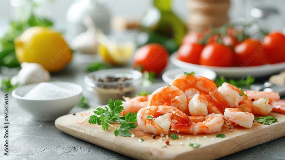 Fresh shrimp being prepared on a cutting board, surrounded by colorful vegetables, herbs, and spices in a vibrant kitchen setting.