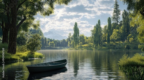 A tranquil park scene with a rowboat on a calm lake, surrounded by tall trees and greenery