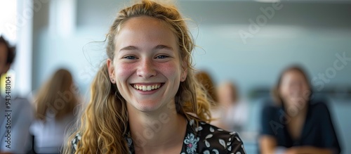 Happy intern in a meeting room at concilium loving their job and smiling for a picture with a copy space image photo