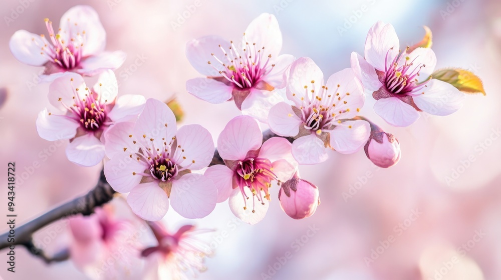 Close-up of a cherry blossom branch with delicate pink flowers against a clear sky Close-up of a cherry blossom branch with delicate pink flowers against a clear sky
