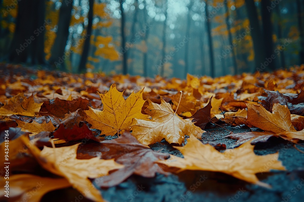 A patch of colorful autumn leaves on the forest floor, with a variety of shapes and hues A patch of colorful autumn leaves on the forest floor, with a variety of shapes and hues