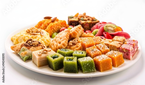 Colorful sweets on a large platter, showcasing a variety of textures and flavors, garnished with nuts and vibrant decorations.