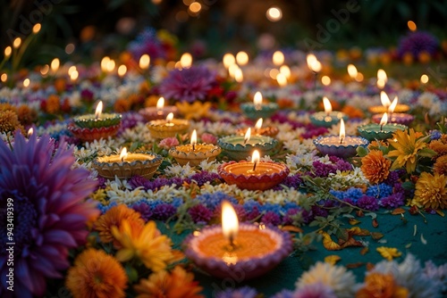 Diwali celebration Indian festival of lights Diya oil lamp and Rangoli decoration colorful flowers ,copy space, diwali background diwali poster, diwali banner