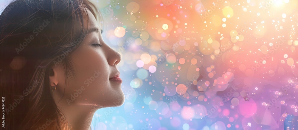 Asian woman in profile thinking imagining or daydreaming with a birthday concept in copy space image Asian woman in profile thinking imagining or daydreaming with a birthday concept in copy space image