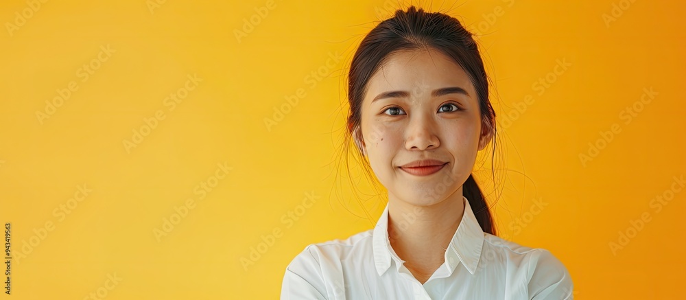 Happy Asian woman in work attire smiling on a freelance job site conducting research with positive energy for her business plan embodying a cheerful female executive working from home with a copy spa