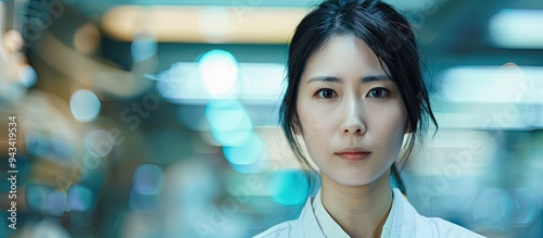The female doctor from Asia is employed at the hospital shown in a copy space image