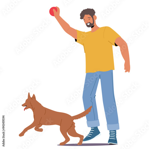 Man Training His Dog With A Ball During A Play Session. Character Appears Happy, While The Dog Looks Excited And Engaged
