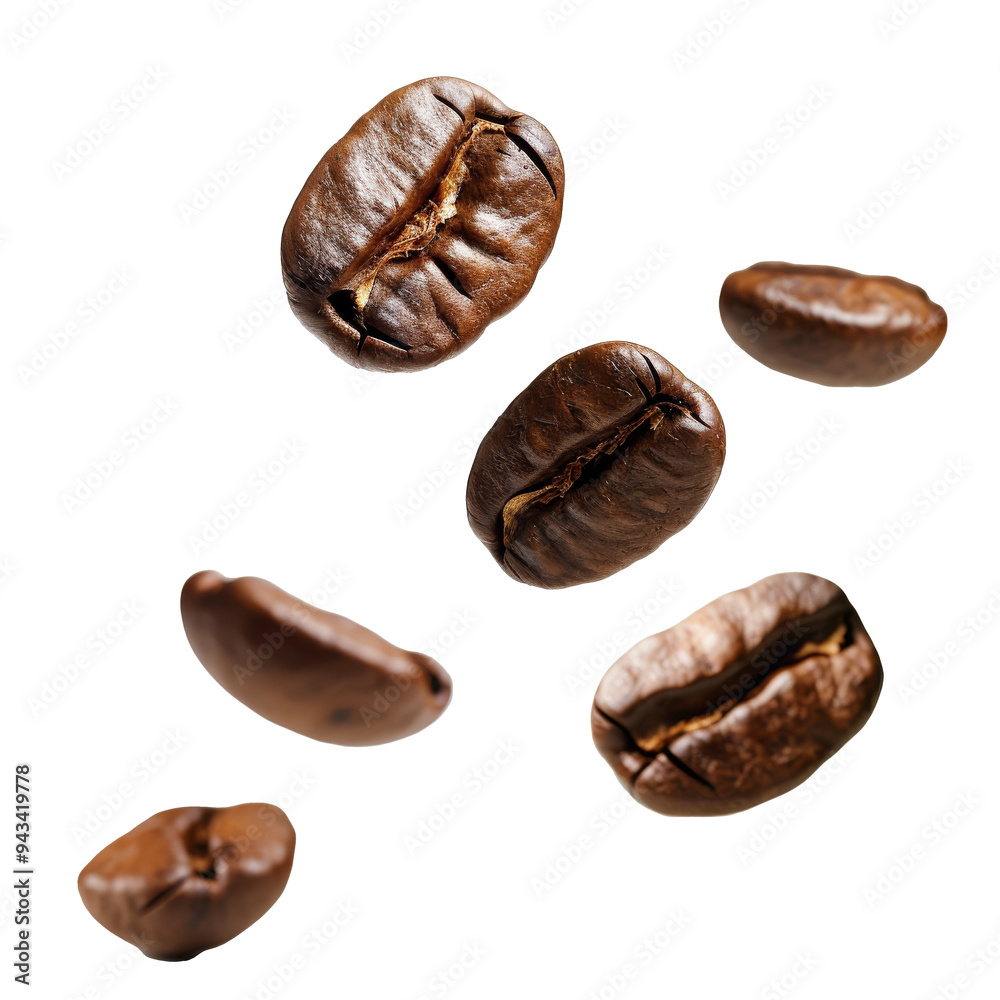Coffee beans floating, isolated on transparent Coffee beans floating, isolated on transparent