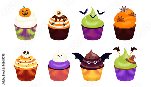 Halloween Creepy Cupcakes Collection. Spooky cakes with pumpkin, eyeball, bat, spider web, skull, ghost designs