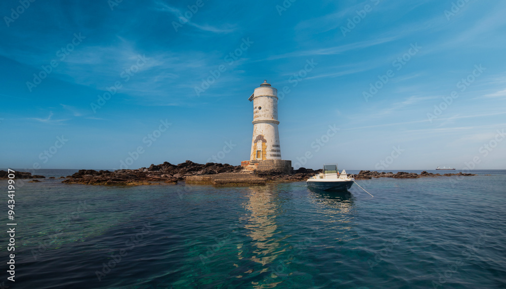 Fototapeta premium The lighthouse Mangiabarche white lighthouse in the middle of the Mediterranean