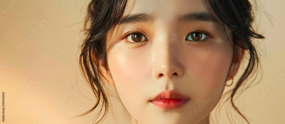 Fototapeta premium Portrait of a youthful Asian woman with flawless complexion and beauty products in a photograph with ample space for additional content