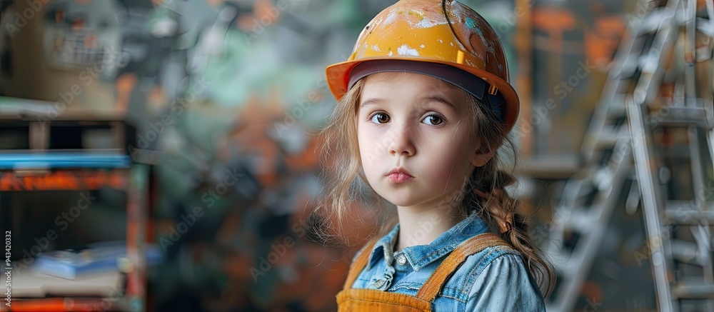 Child wearing a hard hat painting in a workshop resembling a young builder working on a construction site displaying a mix of renovation and repair tasks with a copy space image in the background Child wearing a hard hat painting in a workshop resembling a young builder working on a construction site displaying a mix of renovation and repair tasks with a copy space image in the background