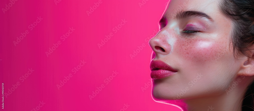 A woman with closed eyes and part of her face showing against a bright pink background ideal for a copy space image A woman with closed eyes and part of her face showing against a bright pink background ideal for a copy space image