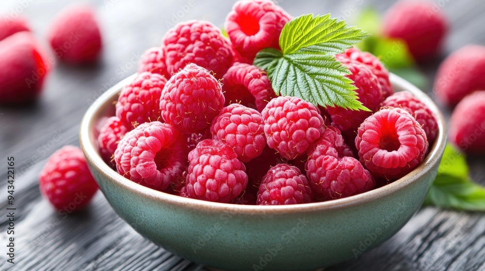 Bowl of Fresh Raspberries with Green Leaf Bowl of Fresh Raspberries with Green Leaf