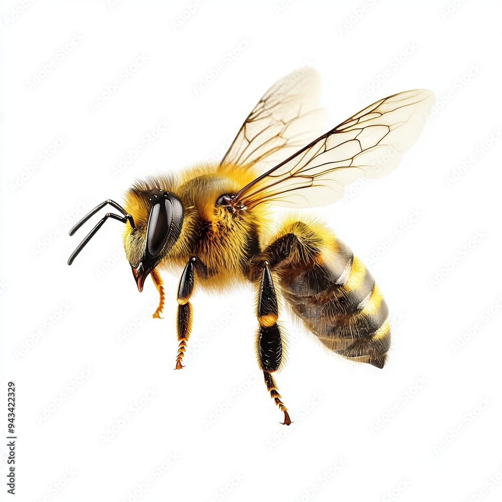 a stunning bee is flying, isolated on white background, macro, incredible pollinator