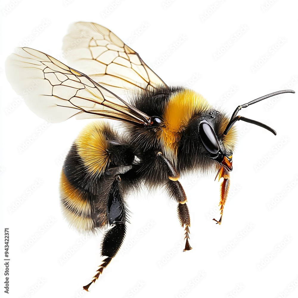 a stunning bee is flying, isolated on white background, macro, incredible pollinator a stunning bee is flying, isolated on white background, macro, incredible pollinator