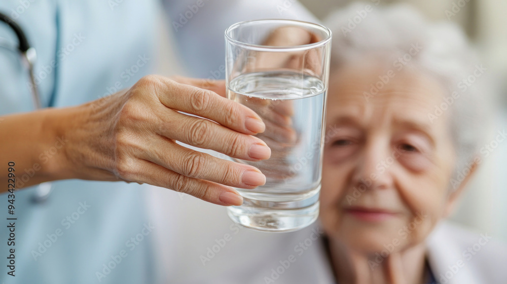Nurse holding glass of water for elderly patient Nurse holding glass of water for elderly patient