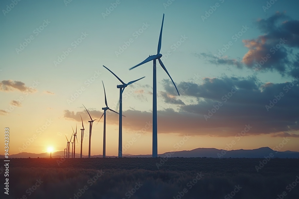 A row of wind turbines turning in the evening breeze, outlined against the sky A row of wind turbines turning in the evening breeze, outlined against the sky