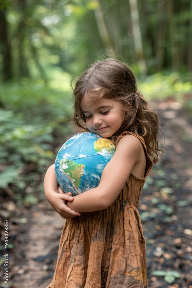Little Girl Embraces Globe in Forest Setting, Symbolizing Environmental Love and Sustainability Little Girl Embraces Globe in Forest Setting, Symbolizing Environmental Love and Sustainability