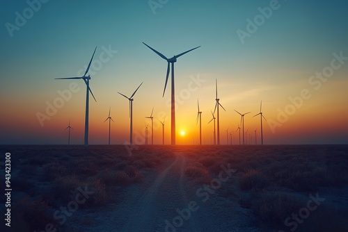 A row of wind turbines turning in the evening breeze, outlined against the sky photo