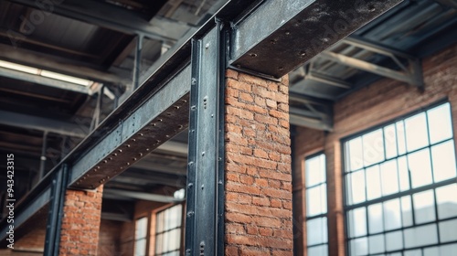 Close-up of an industrial building with steel beams and exposed brick walls