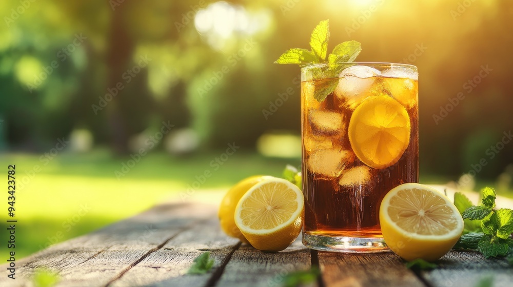 Close-up of refreshing iced tea with lemon slices and mint leaves on a wooden table in a summer garden setting - Close-up of refreshing iced tea with lemon slices and mint leaves on a wooden table in a summer garden setting -