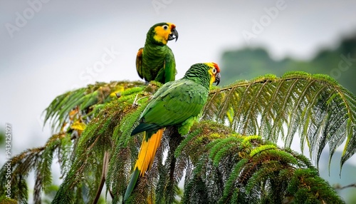 orange winged amazon amazona amazonica and yellow crowned amazon or yellow crowned parrot amazona ochrocephala malagana bolivar department wildlife and birdwatching in colombia photo