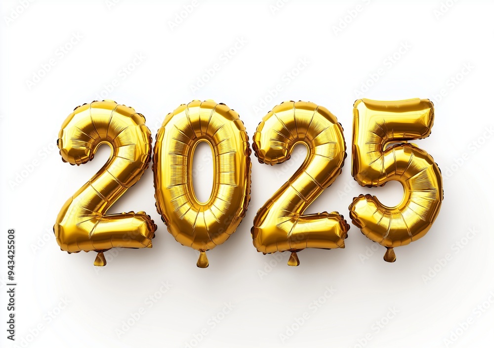 New Year gold text 2025 made of golden foil on white background New Year gold text 2025 made of golden foil on white background