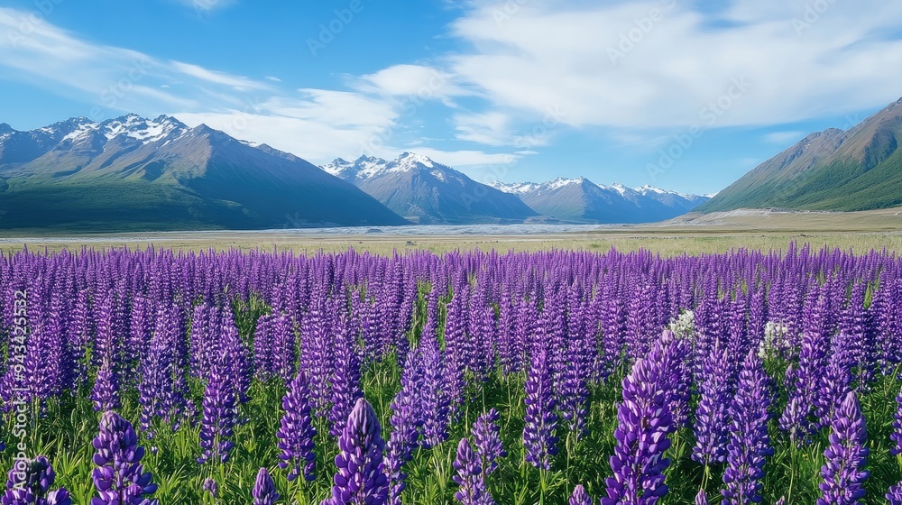 Fototapeta premium Field of purple lupines in bloom with mountains in the background
