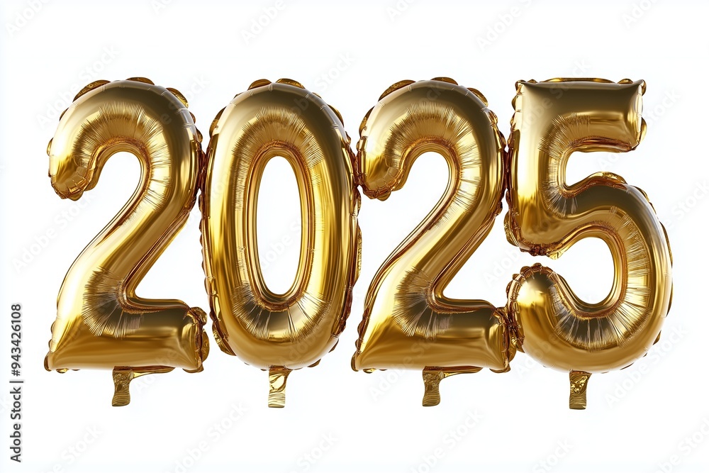 New Year gold text 2025 made of golden foil on white background New Year gold text 2025 made of golden foil on white background