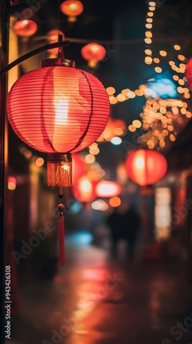 Festive Lunar New Year 2025 Celebration: Traditional Red Lanterns Illuminating Blurred Street Night Scene. Abstract Chinese Spring Festival Backdrop with Copy Space for Marketing and Cultural Designs.