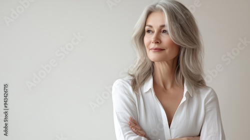 A confident woman with gray hair stands gracefully against a neutral background, showcasing elegance and poise during a relaxed indoor moment