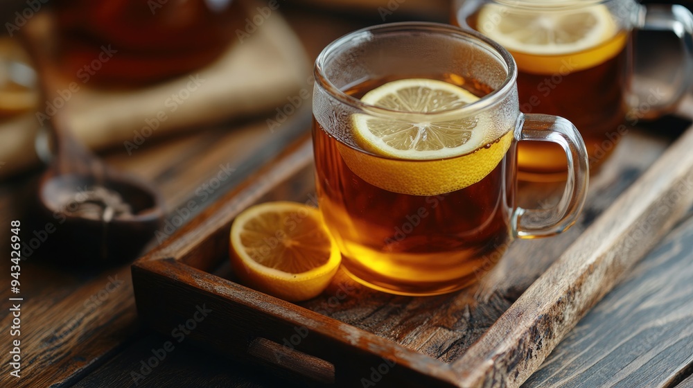 Freshly brewed tea with a lemon slice and honey on a rustic wooden tray Freshly brewed tea with a lemon slice and honey on a rustic wooden tray