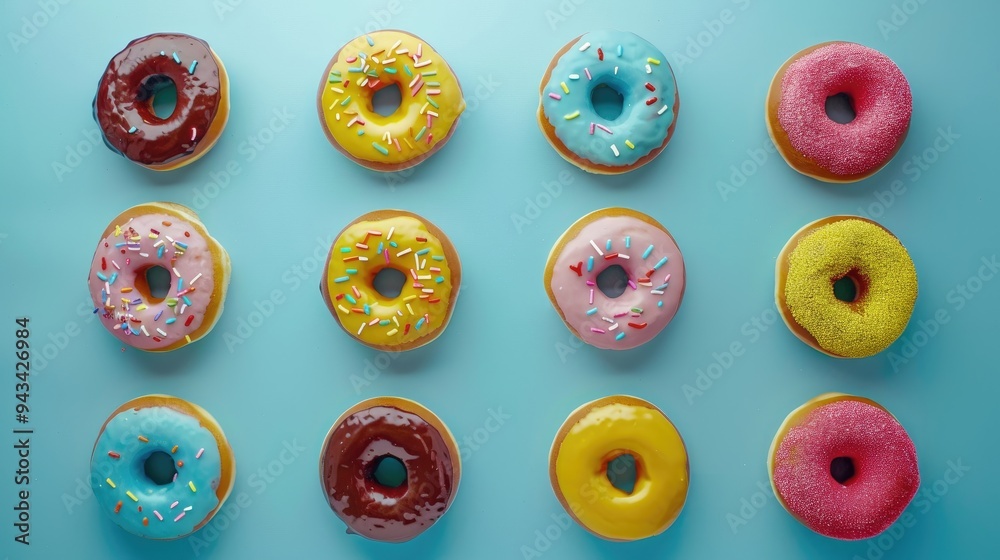 Round donuts with colorful fillings on blue surface viewed from above Round donuts with colorful fillings on blue surface viewed from above