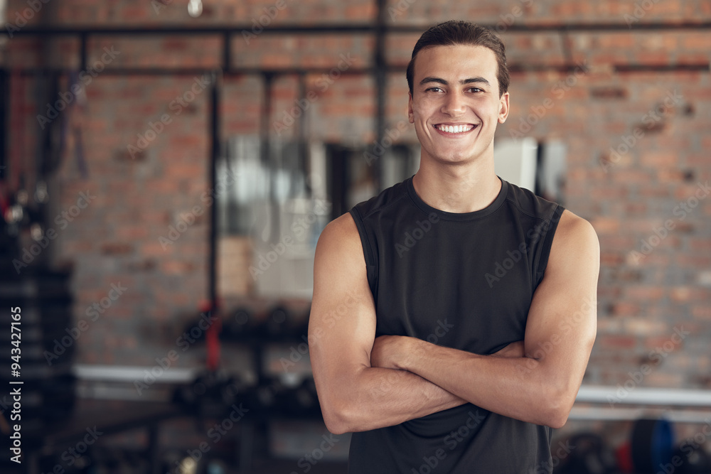 Man, portrait and confident in gym for fitness or daily workout routine, muscle growth and development. Male person, arms crossed and happy with pride in studio for exercise, cardio and training. Man, portrait and confident in gym for fitness or daily workout routine, muscle growth and development. Male person, arms crossed and happy with pride in studio for exercise, cardio and training.