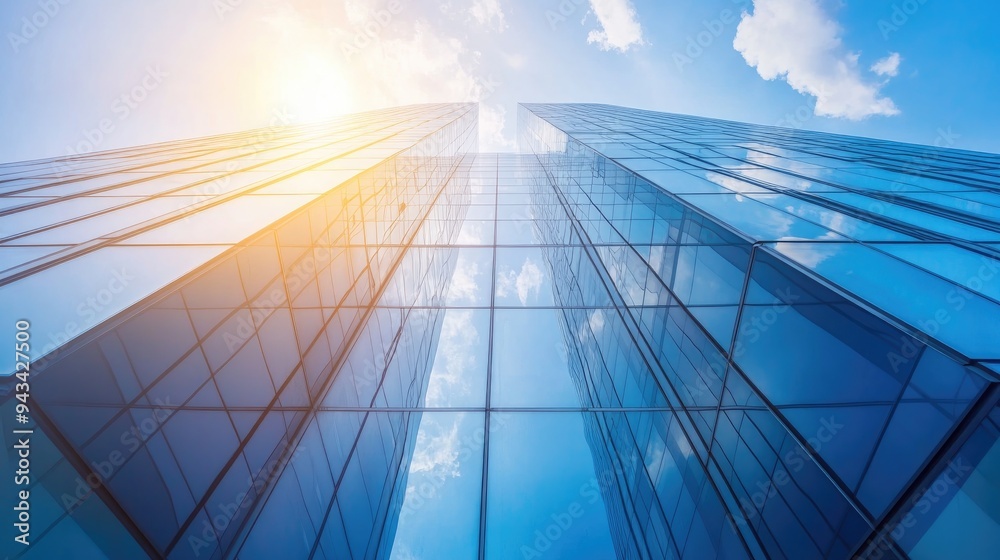 High-rise office building with reflective glass windows under a bright afternoon sun High-rise office building with reflective glass windows under a bright afternoon sun
