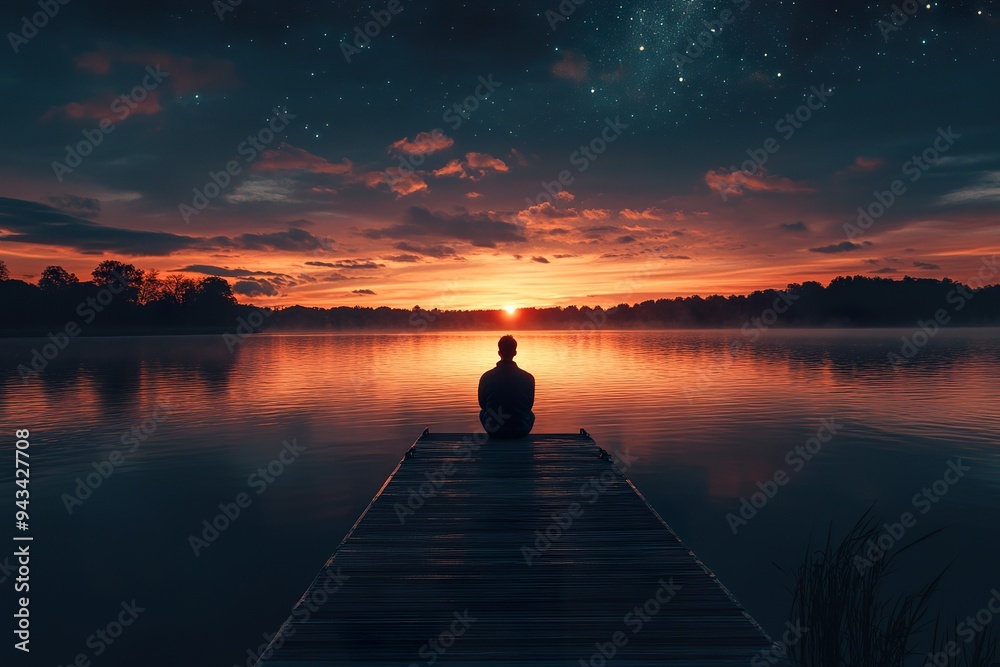A solitary figure sitting on a dock, gazing out at a glowing horizon A solitary figure sitting on a dock, gazing out at a glowing horizon